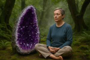 Pessoa meditando com drusa de ametista roxa grande, representando práticas de cura holística.