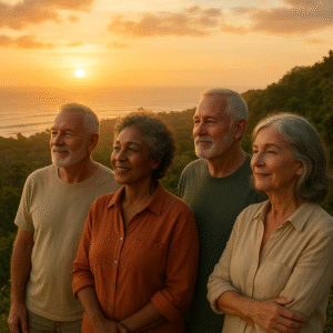 Um grupo pequeno e diversificado de adultos (50+ anos), com expressões serenas e alegres, simplesmente contemplando a vista em um cenário natural deslumbrante no Brasil, como uma praia ao nascer do sol, um topo de montanha com vista panorâmica ou uma floresta tropical. Eles estão visivelmente presentes no momento, sem distrações digitais, mostrando conexão entre si e com o ambiente. Luz natural, quente e convidativa. Fotografia de alta resolução.