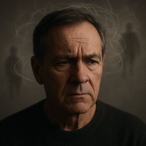 Retrato de homem refletindo sobre preocupações do passado e futuro, com mente dispersa.