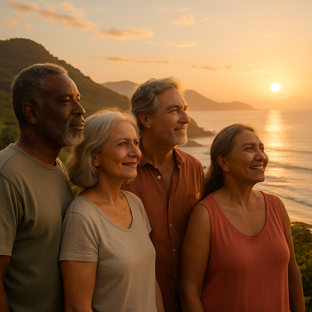 Grupo de adultos 50+ felizes e serenos contemplando uma vista deslumbrante no litoral do Brasil.